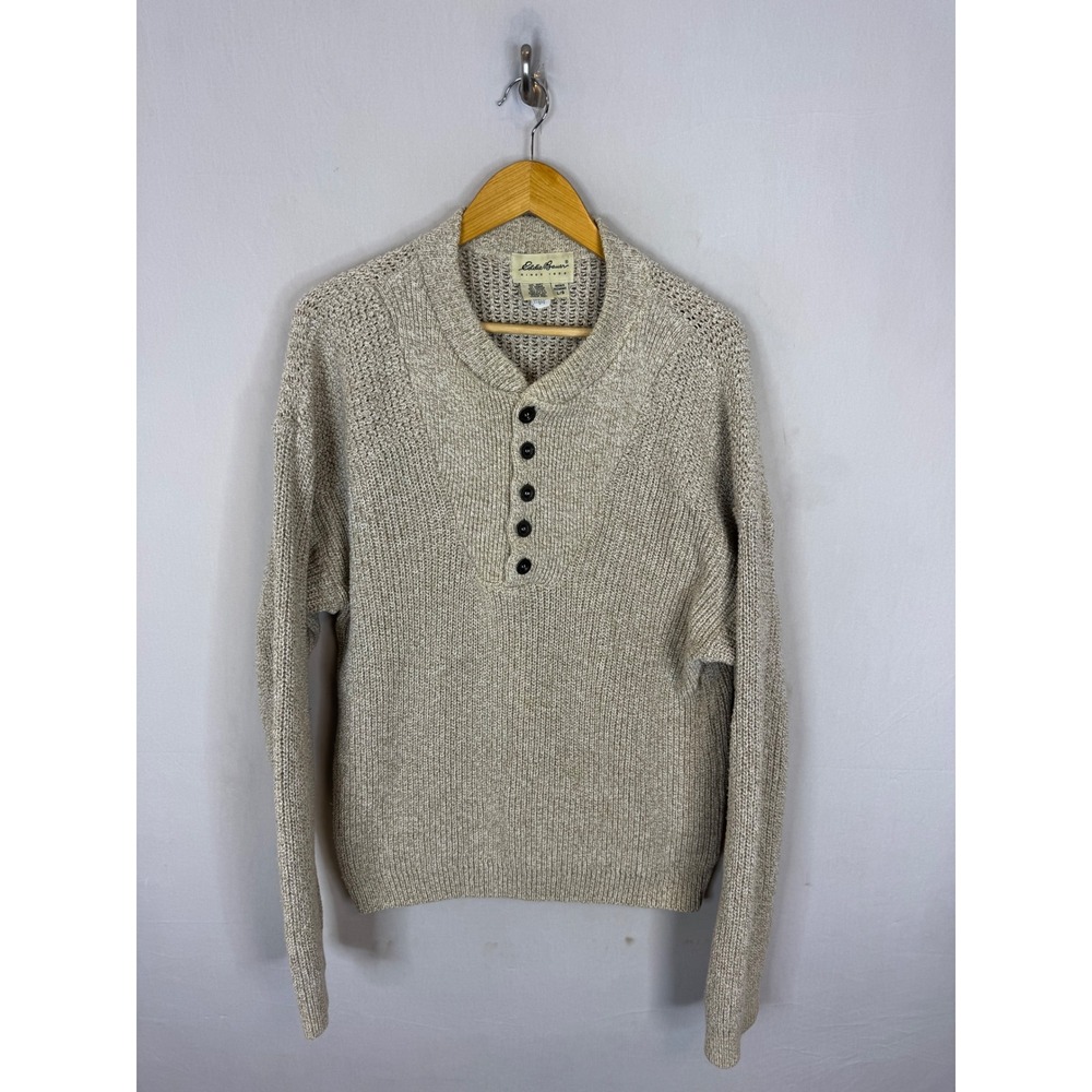 Eddie Bauer Vintage Mens Large Cotton Knit Henley Sweater Beige USA Cabin